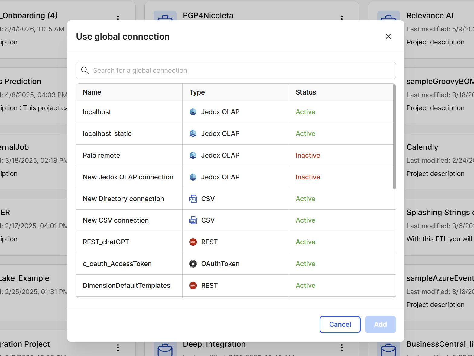 Click to enlarge Screenshot showing a list of global connections in the new Integrator UI